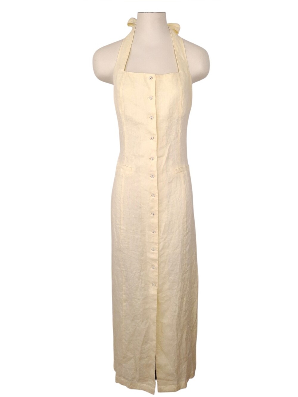 Saks Fifth Avenue linen midi halter dress button up sundress beach butter yellow
